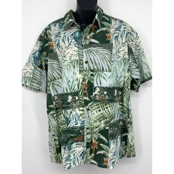 EUC Bishop St Mens Short Sleeve Button Up Shirt Green Blue Tropical Collar Large - Picture 1 of 6